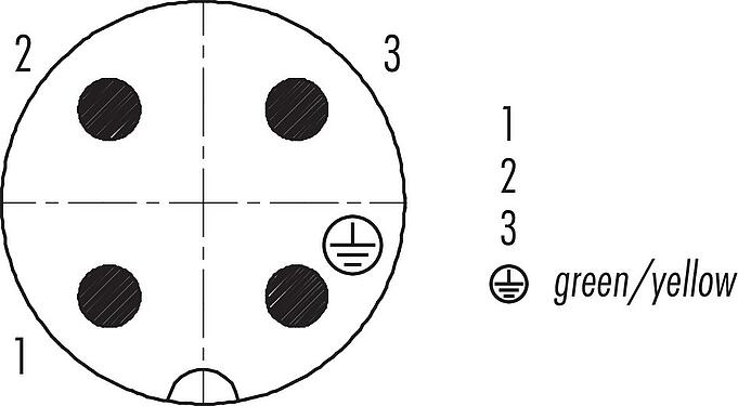 Disposition des contacts (Côté plug-in) RD24 Connecteur mâle, Contacts: 3+PE, 8,0-10,0 mm, non blindé, pince à visser, IP67, UL, ESTI+, VDE, PG 11
