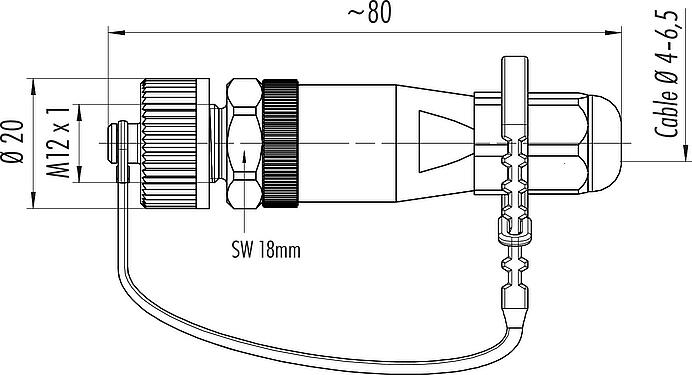 Dessin coté M12 Connecteur mâle, Contacts: 5, 4,0-6,5 mm, non blindé, pince à visser, IP68/IP69K, pour les applications extérieures, résistant aux UV