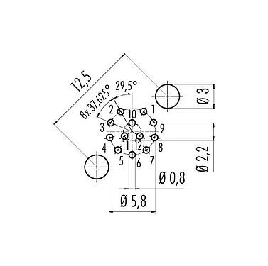 Disposición del conductor M12 Enchufe de brida, Número de contactos: 12, sin blindaje, THT, IP68, UL 2238, M16x1,5, Montaje frontal, moldeado