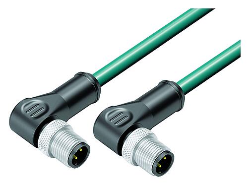 Ilustración M12 cable de conexión 2 conector macho en ángulo, Número de contactos: 4, blindado, moldeado en el cable, IP67, UL, Ethernet CAT5e, TPE, azul/verde, 2 x 2 x AWG 24, 0,3 m