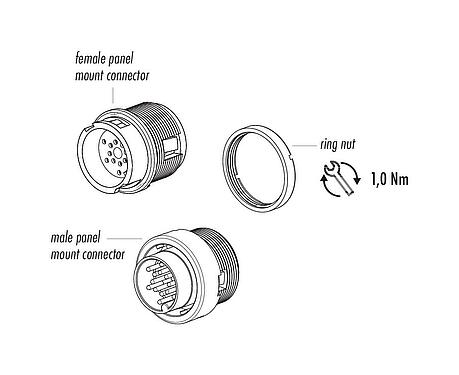 Component part drawing Bayonet Female panel mount connector, Contacts: 24, unshielded, solder, IP40, M18x0,75, Front mounting