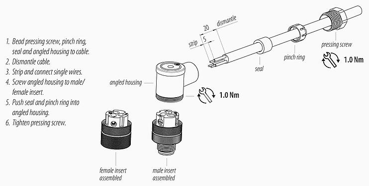 Instrucción de montaje M12 Conector macho en ángulo, Número de contactos: 2+PE, 4,0-6,0 mm, sin blindaje, tornillo extraíble, IP67