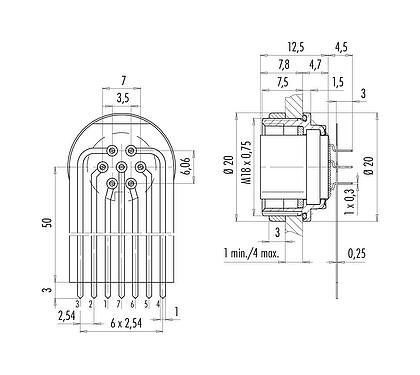 Conexión y dimensiones
M16 Toma de brida, Número de contactos: 7 (07-a), sin blindaje, THT, IP67, M18x0,75, Montaje en pared
