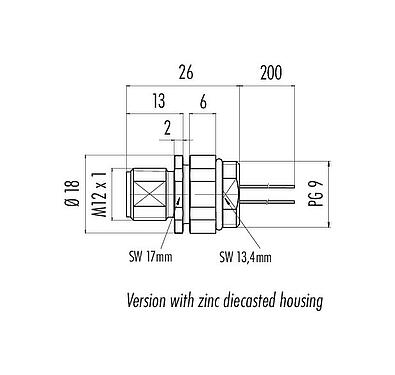 Dibujo a escala M12 Enchufe de brida, Número de contactos: 12, sin blindaje, hilos, IP68, UL 2238, PG 9, Montaje frontal, Alineación de codificación posicionable, moldeado
