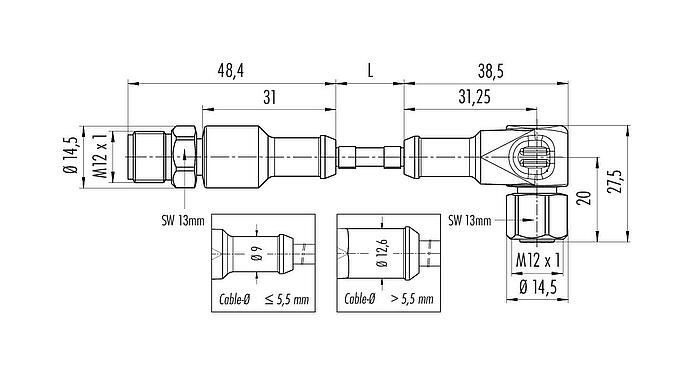 Scale drawing M12 Connecting cable female angled connector, Contacts: 12, unshielded, moulded on the cable, IP67/IP69K, UL 2238, Ecolab, PVC, grey, 12 x 0.25 mm², Food & Beverage, stainless steel, 5 m
