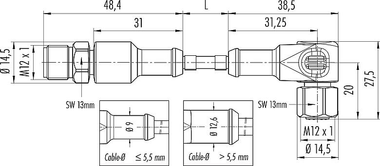 Dibujo a escala M12 Cable de conexión conector hembra en ángulo, Número de contactos: 5, sin blindaje, moldeado en el cable, IP67/IP69K, Ecolab, Conforme a la FDA, TPE especial, gris, 5 x 0,34 mm², Industria alimentaria, Acero inoxidable, 10 m