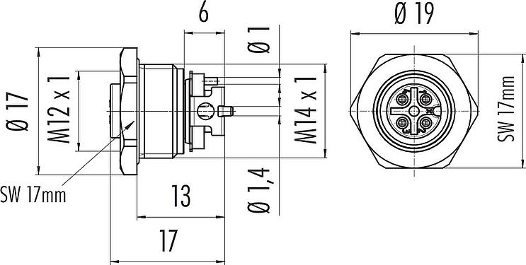 Scale drawing M12 Female panel mount connector, Contacts: 4, unshielded, SMT, IP67, M14x1.0, Front mounting