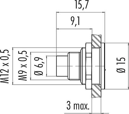 Dibujo a escala M9 Enchufe de brida, Número de contactos: 2, sin blindaje, soldadura, IP67, M12x0,5, Montaje en pared, moldeado