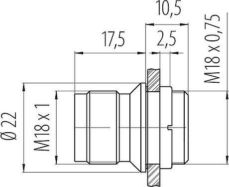Dessin coté M18 Embase mâle, Contacts: 4, non blindé, souder, IP67, M18x0,75, Montage frontal
