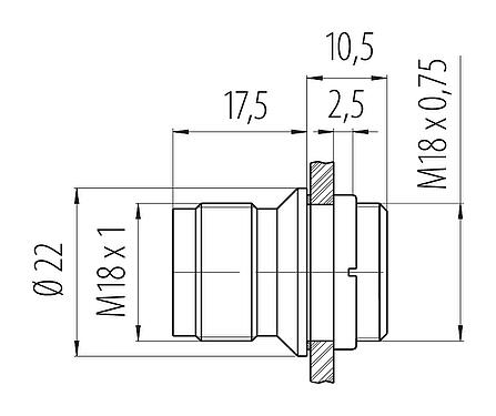 Dibujo a escala M18 Enchufe de brida, Número de contactos: 4, sin blindaje, soldadura, IP67, UL, M18x0,75, Montaje frontal