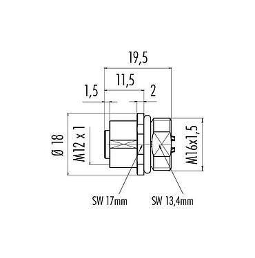 Scale drawing M12 Female panel mount connector, Contacts: 4, unshielded, solder, IP68, UL 2238, M16x1.5, Front mounting