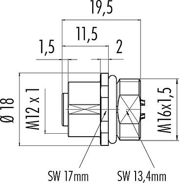 Dibujo a escala M12 Toma de brida, Número de contactos: 5, sin blindaje, soldadura, IP68, UL 2238, M16x1,5, Montaje frontal