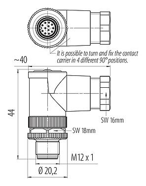 Dessin coté M12 Connecteur mâle coudé, Contacts: 12, 6,0-8,0 mm, non blindé, souder, IP67, UL 2238