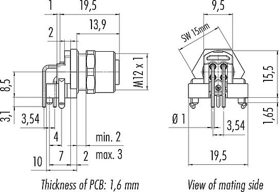 Dibujo a escala M12 Toma de ángulo brida, Número de contactos: 4, blindable, THR, IP68, UL 2238, M12x1,0, Montaje frontal, para montaje de PCB