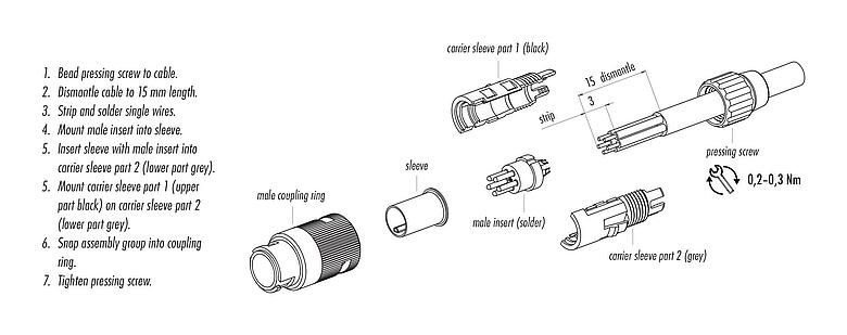 Assembly instructions Bayonet Male cable connector, Contacts: 7, 3.0-4.0 mm, unshielded, solder, IP40