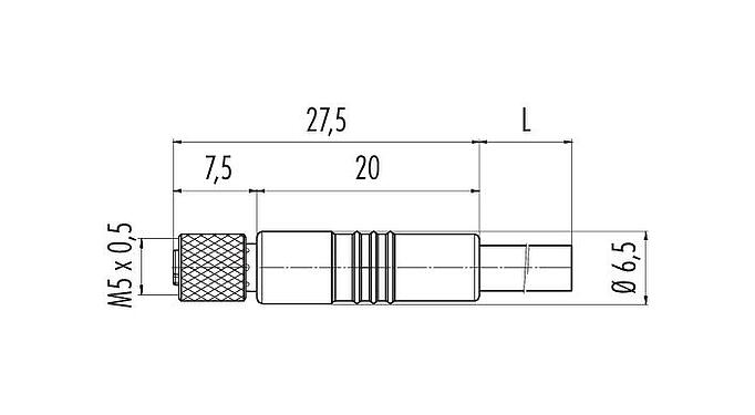 Dessin coté M5 Connecteur femelle, Contacts: 4, non blindé, surmoulé sur le câble, IP67, UL 2238, M5x0,5, PUR, noir, 4 x 0,14 mm², 2 m