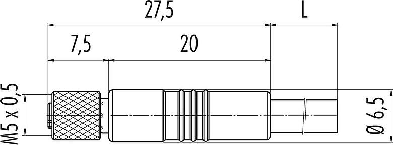 Dibujo a escala M5 Conector de cable hembra, Número de contactos: 3, sin blindaje, moldeado en el cable, IP67, UL 2238, M5x0,5, PUR, negro, 3 x 0,14 mm², 5 m