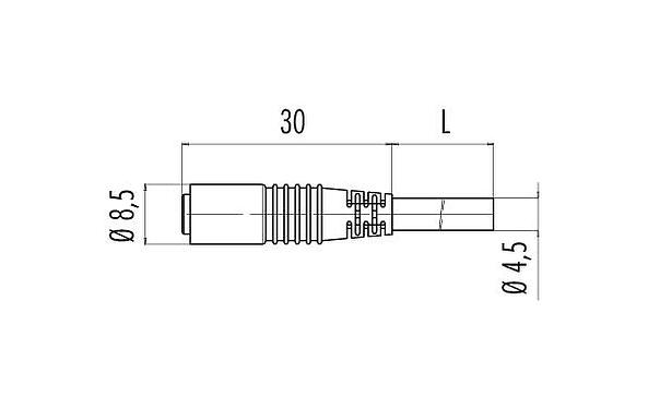 Dibujo a escala M8 Conector de cable hembra, Número de contactos: 3, sin blindaje, PVC, negro, 3 x 0,14 mm², Versión snap-in