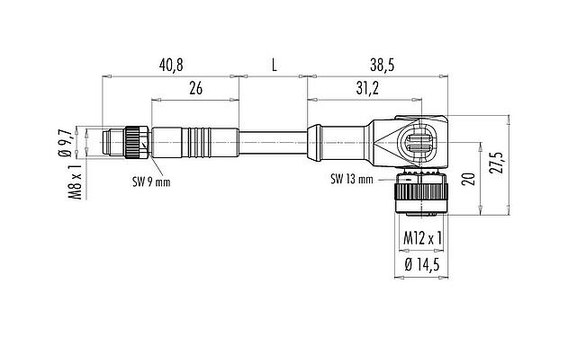 Scale drawing M12/M8 Male cable connector - female angled connector, Contacts: 3, unshielded, moulded on the cable, IP67/IP69K, PUR, black, 3 x 0.25 mm², with LED PNP closer, 1 m