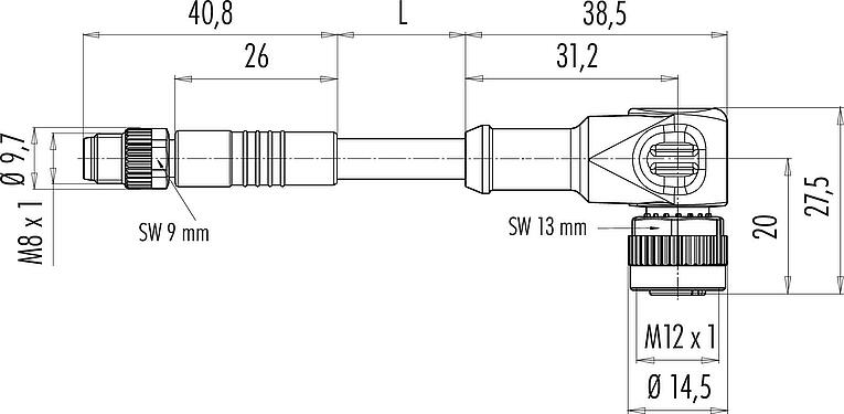 Dessin coté M12/M8 Connecteur mâle - connecteur d‘angle femelle, Contacts: 3, non blindé, surmoulé sur le câble, IP67/IP69K, PUR, noir, 3 x 0,25 mm², avec LED, PNP, 1 m