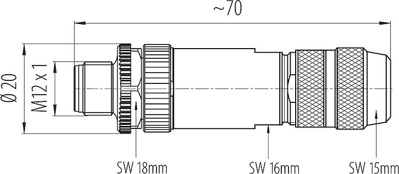 Dibujo a escala M12 Conector de cable macho, Número de contactos: 4, 8,0-9,0 mm, blindable, tornillo extraíble, IP67, UL 2238, Pluma de iris