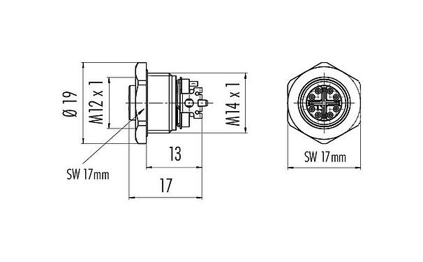 Scale drawing M12 Female panel mount connector, Contacts: 8, shieldable, SMT, IP68, M14x1.0, Rear mounting