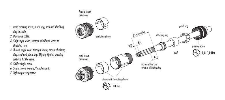 Assembly instructions M12 Male cable connector, Contacts: 12, 8.0-10.0 mm, shieldable, solder, IP67, UL 2238, with shielding ring