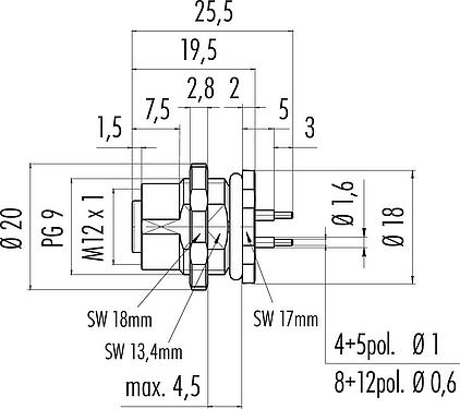 Dibujo a escala M12 Toma de brida, Número de contactos: 4, sin blindaje, THT, IP67, UL 2238, PG 9, Montaje en pared