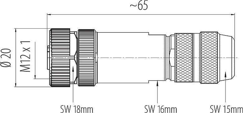 Dibujo a escala M12 Conector de cable hembra, Número de contactos: 5, 8,0-9,0 mm, blindable, abrazadera de alambre, IP67, Pluma de iris