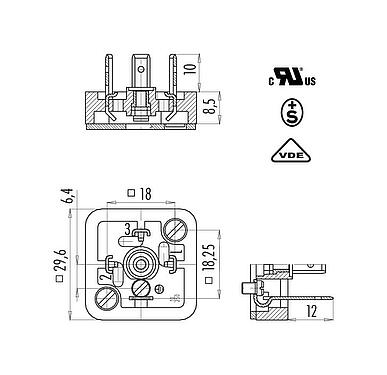 Dessin coté Embase mâle pour appareils, Contacts: 3+PE, non blindé, souder, IP40 sans joint, UL, ESTI+, VDE