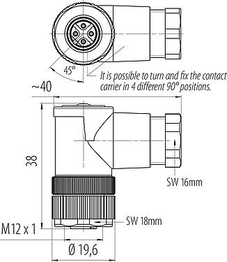 Dessin coté M12 Connecteur femelle coudé, Contacts: 4, 6,0-8,0 mm, non blindé, pince à visser, IP67, UL 2238