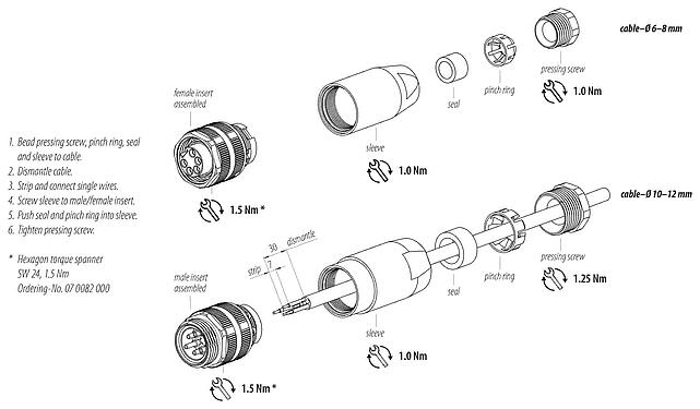 Instrucción de montaje 7/8" Conector de cable macho, Número de contactos: 2+PE, 6,0-8,0 mm, sin blindaje, tornillo extraíble, IP67, UL 2238, VDE