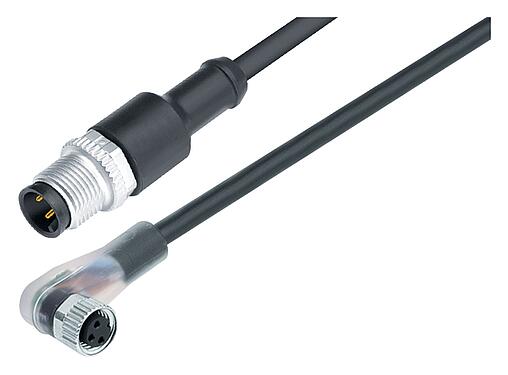 Illustration M12/M8 Male cable connector - female angled connector, Contacts: 3, unshielded, moulded on the cable, IP67/IP69K, PUR, black, 3 x 0.25 mm², with LED PNP closer, 1 m
