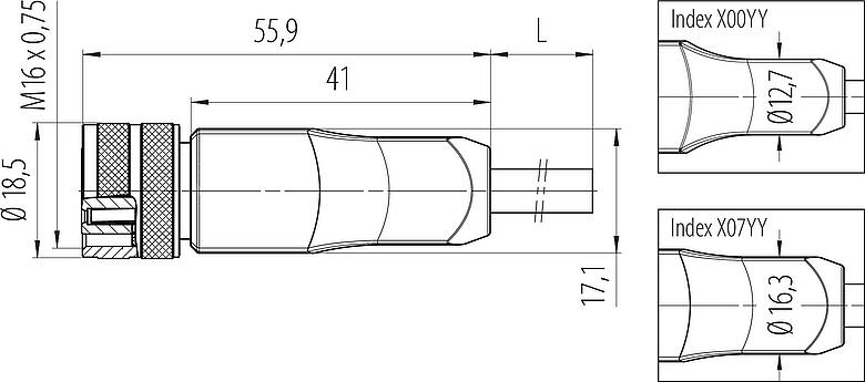 Scale drawing M16 Female cable connector, Contacts: 7 (07-b), shielded, moulded on the cable, IP67, PUR, black, 7 x 0.25 mm², 5 m