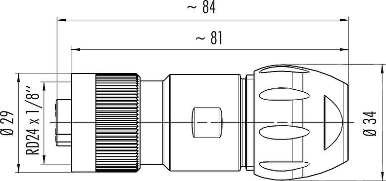 Dibujo a escala RD24 Conector de cable hembra, Número de contactos: 6+PE, 7,0-17,0 mm, sin blindaje, soldadura, IP67, UL, ESTI+, VDE