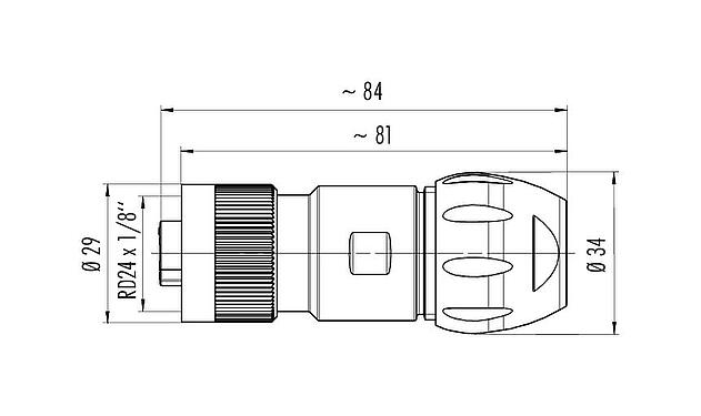 Scale drawing RD24 Female cable connector, Contacts: 6+PE, 7.0-17.0 mm, unshielded, crimping (Crimp contacts must be ordered separately), IP67, UL, ESTI+, VDE