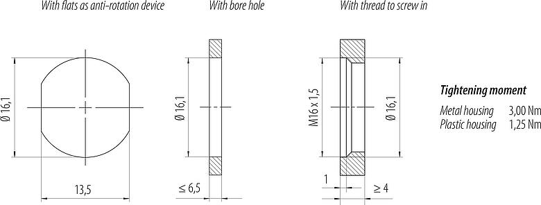 Muestra de montaje M12 Toma de brida, Número de contactos: 4+FE, sin blindaje, THR, IP67, UL 2238, M16x1,5, Montaje frontal