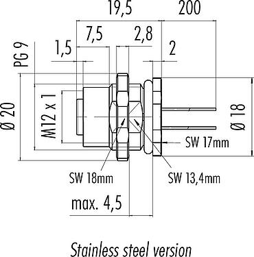 Dessin coté M12 Embase femelle, Contacts: 5, non blindé, fils, IP68/IP69K, UL 2238, PG 9, Montage mural arrière, Acier inoxydable, coulé