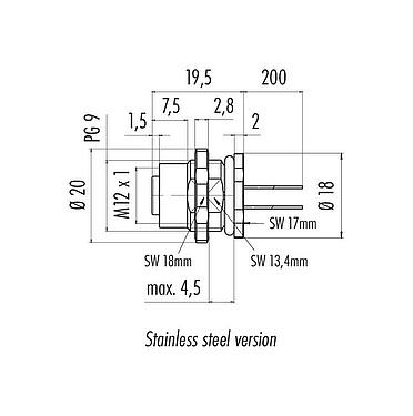 Scale drawing M12 Female panel mount connector, Contacts: 4, unshielded, single wires, IP68/IP69K, UL 2238, PG 9, Rear mounting, stainless steel, potted