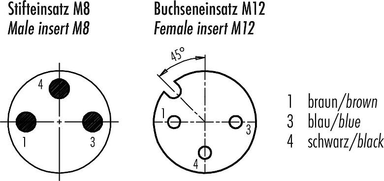 Disposition des contacts (Côté plug-in) M12/M8 Connecteur mâle - connecteur d‘angle femelle, Contacts: 3, non blindé, surmoulé sur le câble, IP67/IP69K, PUR, noir, 3 x 0,25 mm², avec LED, PNP, 1 m