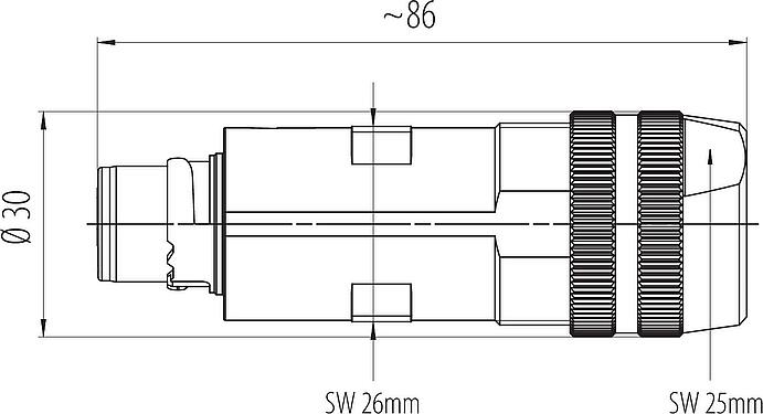 Dibujo a escala Bayoneta Conector de cable macho, Número de contactos: 6 (3+PE+2), 7,0-14,0 mm, blindable, tornillo extraíble, IP67 enchufado y bloqueado, UL 2237