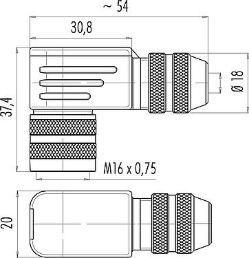 Scale drawing M16 Female angled connector, Contacts: 3 (03-a), 6.0-8.0 mm, shieldable, solder, IP67, UL 2238