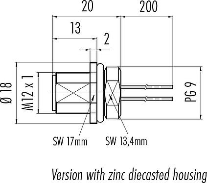 Dessin coté M12 Embase mâle, Contacts: 4, non blindé, fils, IP68, UL 2238, PG 9, Montage frontal