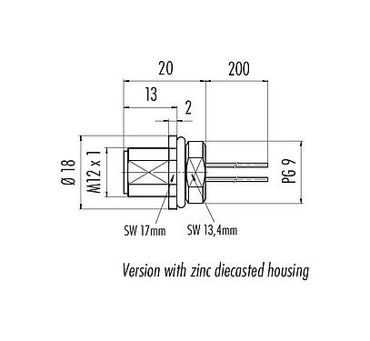 Dessin coté M12 Embase mâle, Contacts: 4, non blindé, fils, IP68, UL 2238, PG 9, Montage frontal