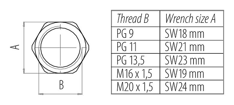 Scale drawing 16 0917 001 - M12-A/B/D/K/K/L/S/T/US/X - Hexagon nut for mounting thread M20x1,5