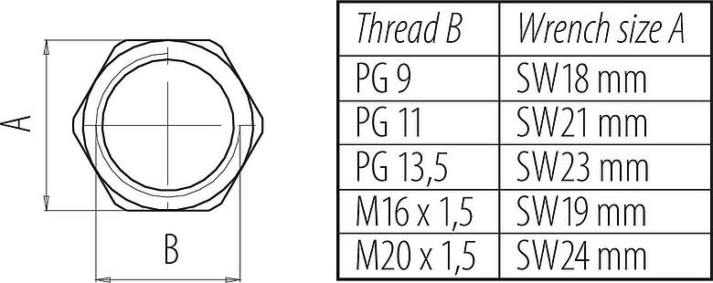Scale drawing 16 0916 001 - M12-A/B/D/K/K/L/S/T/US/X - Hexagon nut for mounting thread M16x1,5