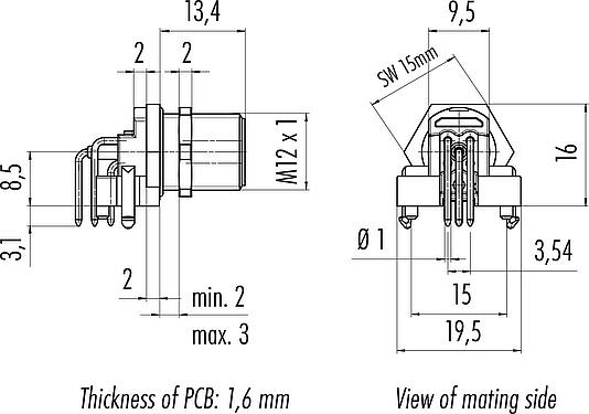 Dessin coté M12 Embase mâle, coudé, Contacts: 5, blindable, THR, IP68, UL 2238, Montage mural arrière, pour assemblage PCB