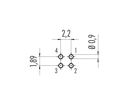 Conductor layout M9 Female angled panel mount connector, Contacts: 4, unshielded, THT, IP40, Front mounting