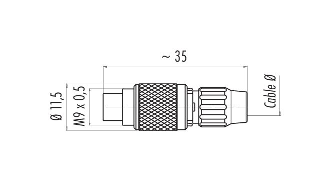 Scale drawing M9 Male cable connector, Contacts: 4, 4.0-5.0 mm, unshielded, solder, IP40