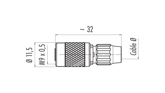 Scale drawing M9 Female cable connector, Contacts: 8, 4.0-5.0 mm, unshielded, solder, IP40